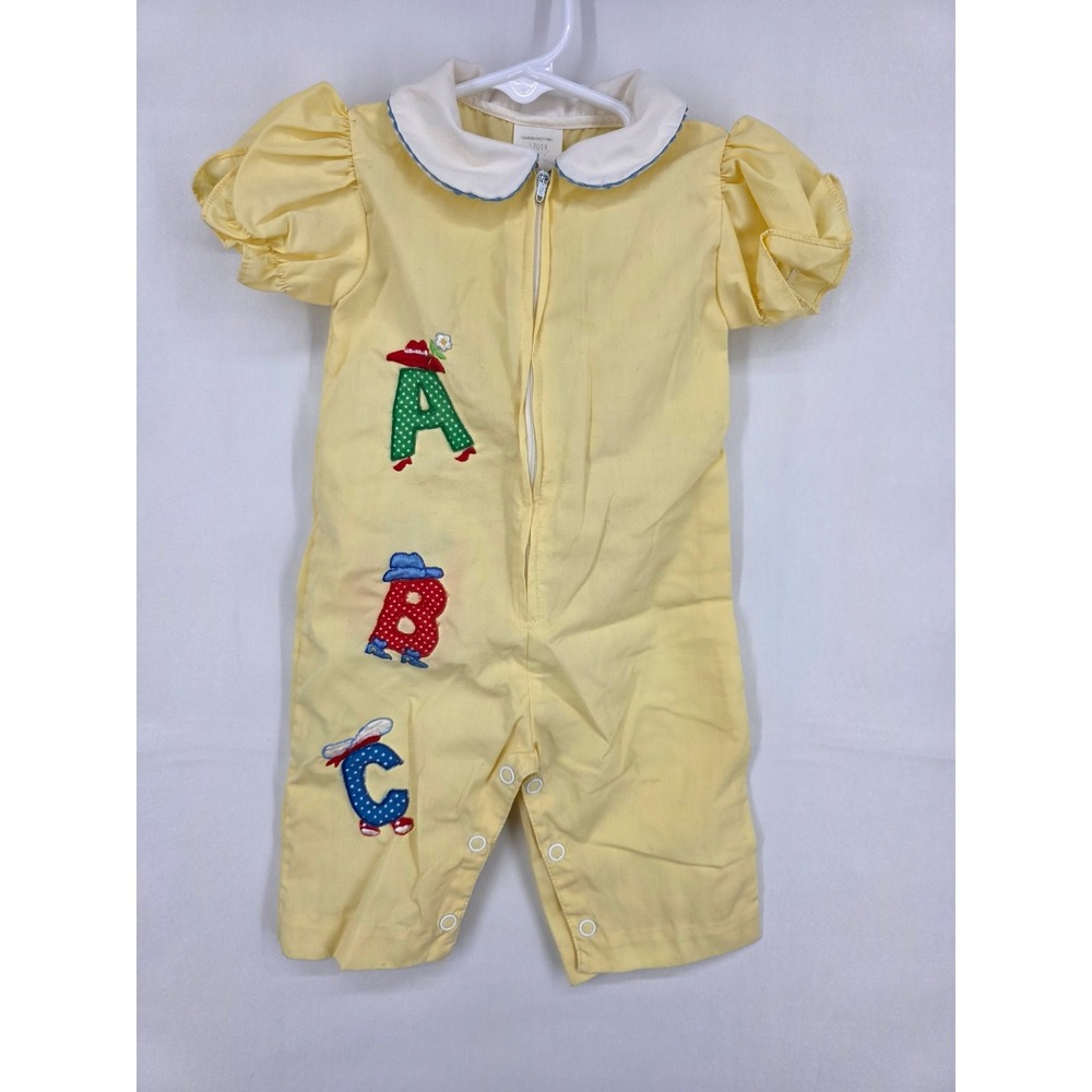Vintage ABC Alphabet Yellow Romper Peter Pan Collar Puffy Sleeve 3-6 Months